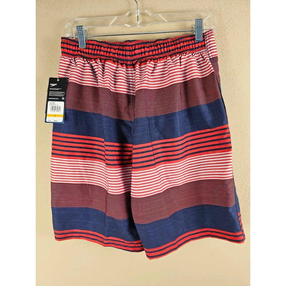 NWT Speedo Mens Red White Blue Striped Swim Trunks‎ Board Shorts Small
